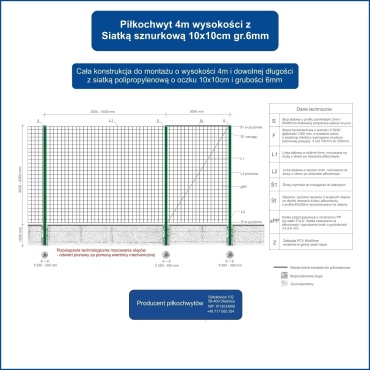Piłkochwyt 4m wysokości   Siatka oczko 10x10cm   Grubość siatki 6mm