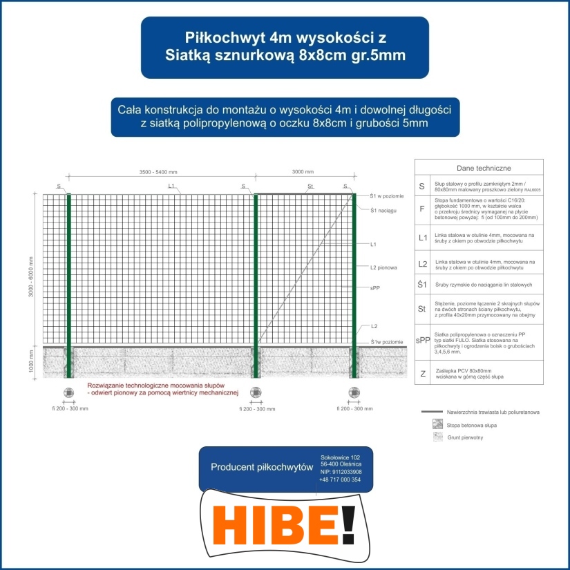Piłkochwyt 4m wysokości   Siatka oczko 8x8cm   Grubość siatki 5mm