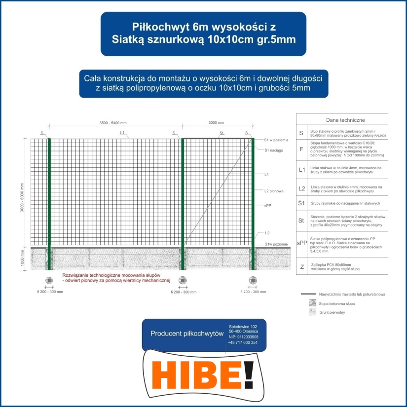 Piłkochwyt 6m wysokości   Siatka oczko 10x10cm   Grubość siatki 5mm